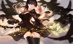 Rule 34 | 1girl, absurdres, an yasuri, animal, bad id, bad pixiv id, bird, black dress, black hair, black thighhighs, blunt bangs, branch, breasts, brown hair, bug, butterfly, cleavage, closed mouth, clothing cutout, cowboy shot, crow, dress, expressionless, floating hair, gradient hair, head tilt, highres, holding, insect, legs together, long hair, long sleeves, looking at viewer, medium breasts, multicolored hair, original, purple eyes, side cutout, solo, standing, thighhighs, thighs, very long hair