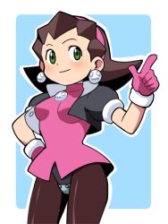 Rule 34 | 1girl, breasts, brown hair, closed mouth, cowboy shot, cropped jacket, crotch plate, earrings, gloves, green eyes, hair pulled back, hairband, hand on own hip, highres, jewelry, looking at viewer, medium breasts, mega man (series), mega man legends (series), pantyhose, pink hairband, pointing, pointing up, short hair, skull earrings, smile, solo, tron bonne (mega man), yume yoroi