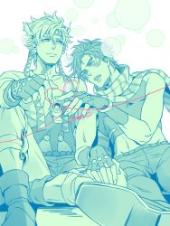 Rule 34 | 2boys, a s h e s, adam&#039;s apple, bad id, bad pixiv id, blush, boots, bubble, caesar anthonio zeppeli, couple, crop top, facial mark, feather hair ornament, feathers, fingerless gloves, gloves, groin, hair ornament, hand on another&#039;s leg, headband, heart, heart of string, jacket, jojo no kimyou na bouken, joseph joestar, joseph joestar (young), looking at another, male focus, midriff, monochrome, multiple boys, scarf, sitting, skin tight, sleeveless, smile, smoking pipe, striped clothes, striped scarf, toned, white background, yaoi