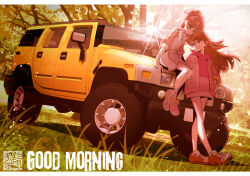 Rule 34 | 2girls, artist logo, brown hair, car, commentary request, dress, english text, eyelashes, forest, good morning, green eyes, happy, hijiri ageha, hirogaru sky! precure, hood, hoodie, hummer, hummer h2, jacket, kamikita futago, long hair, looking at another, motor vehicle, multiple girls, nature, nijigaoka mashiro, pink eyes, pink hair, pink hoodie, pink jacket, precure, shoes, sitting, sitting on car, smile, sports utility vehicle, standing, tree
