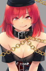 Rule 34 | 1girl, breasts, chain, clothes writing, eyes visible through hair, gold chain, grey background, hair between eyes, hecatia lapislazuli, highres, looking at viewer, medium breasts, red eyes, red hair, short hair, simple background, solo, tarmo, touhou