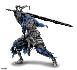 Rule 34 | 1boy, armor, artist name, artorias the abysswalker, asmodiarl, blue cape, cape, commentary, dark souls (series), dark souls i, english commentary, full armor, full body, gauntlets, greatsword, helm, helmet, highres, holding, holding sword, holding weapon, knight, male focus, over shoulder, pauldrons, plume, shadow, shoulder armor, solo, sword, sword over shoulder, torn cape, torn clothes, weapon, weapon over shoulder