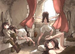 Rule 34 | 4girls, bed, belt, bloomers, boots, braid, brown hair, curtains, day, highres, ironlily, jug (bottle), long hair, multiple girls, opening window, original, putting on shoes, sheath, shoes, sitting, stone floor, stone wall, sword, topless, twin braids, under covers, underwear, waking up, wall, weapon, window