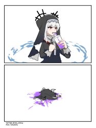 Rule 34 | 1girl, 2koma, arknights, black dress, black veil, comic, commentary, cup, dress, drink, english commentary, grimace shake (meme), habit, highres, holding, holding cup, long hair, long sleeves, lying, meme, on stomach, pixiv username, red eyes, specter (arknights), tofudofu, twitter username, veil, white hair