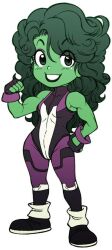 Rule 34 | 1girl, bodysuit, breasts, chiba toshirou, chibi, commentary request, curly hair, eyes visible through hair, fingerless gloves, flexing, full body, gloves, green eyes, green hair, green skirt, hand on own hip, jennifer walters, long hair, marvel, muscular, muscular female, purple bodysuit, she-hulk, skirt, small breasts, solo