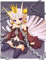 Rule 34 | 1girl, black dress, black thighhighs, chain, chained, child, crown, demon, detached sleeves, dress, earrings, hair ornament, horns, jewelry, long hair, midriff, open mouth, original, pink hair, purple eyes, sasamashin, sitting, solo, thighhighs, very long hair