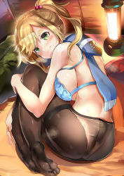 Rule 34 | 1girl, ass, back, bare arms, bare back, bare shoulders, black pantyhose, blonde hair, blue bra, blue scarf, blush, bra, breasts, closed mouth, feet, fetal position, green eyes, hair bobbles, hair ornament, himuro shunsuke, hugging own legs, inuyama aoi, lamp, large breasts, long hair, looking at viewer, lying, no shoes, on side, panties, panties under pantyhose, pantyhose, pillow, plantar flexion, scarf, shiny skin, side ponytail, sideboob, smile, soles, solo, sweat, tareme, tent, thick eyebrows, thighband pantyhose, underwear, white panties, yurucamp