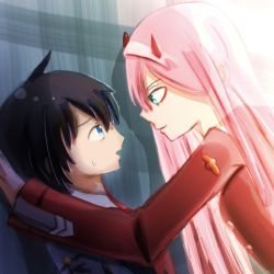 Rule 34 | 10s, 1boy, 1girl, black hair, blue eyes, couple, darling in the franxx, face-to-face, green eyes, hair ornament, hairband, hiro (darling in the franxx), horns, long hair, looking at another, oni horns, pink hair, red horns, seruza 26, short hair, sweat, white hairband, zero two (darling in the franxx)