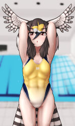 Rule 34 | 1girl, armpits, arms behind head, arms up, bird girl, bird tail, bird wings, black hair, blonde hair, blurry, blurry background, breasts, brown hair, collarbone, competition swimsuit, covered abs, covered navel, gluteal fold, grey hair, groin, hair between eyes, head wings, highleg, highleg swimsuit, highres, japari symbol, kemono friends, long hair, looking at viewer, multicolored hair, one-piece swimsuit, parted bangs, parted lips, peregrine falcon (kemono friends), poolside, red eyes, rest in muni, small breasts, solo, standing, swimsuit, tail, toned, water, wet, wet clothes, wet face, wet swimsuit, wings