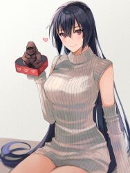 Rule 34 | 1girl, alternate costume, black hair, breasts, chocolate, closed mouth, detached sleeves, gorilla, grey sweater, hair between eyes, heart, highres, holding, kantai collection, kasumi (skchkko), large breasts, long hair, looking at viewer, nagato (kancolle), red eyes, ribbed sweater, smile, solo, sweater