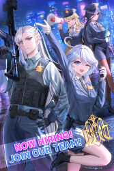 Rule 34 | 1boy, 3girls, ;d, absurdres, alternate costume, assault rifle, black necktie, blonde hair, blue eyes, blue hair, blue shirt, blue shorts, bulletproof vest, city lights, cityscape, clorinde (genshin impact), commentary request, dark blue hair, drop-shaped pupils, english text, female service cap, furina (genshin impact), genshin impact, gun, hair ornament, handgun, hat, highres, holding, holding gun, holding weapon, holstered, long hair, long hair between eyes, megaphone, mitsukayurie, multicolored hair, multiple girls, navia (genshin impact), necktie, neuvillette (genshin impact), night, night sky, one eye closed, open mouth, pencil skirt, pointy ears, police, police badge, police hat, police uniform, policeman, policewoman, purple eyes, rifle, shirt, shorts, skirt, sky, smile, streaked hair, symbol-shaped pupils, uniform, walkie-talkie, weapon, white hair
