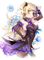 Rule 34 | 1girl, arm up, armpits, black dress, blonde hair, bow, bowtie, breasts, brown pantyhose, cropped legs, detached sleeves, dress, eyepatch, fischl (genshin impact), genshin impact, green eyes, hand on own hip, kinokohime, long hair, long sleeves, looking at viewer, medium breasts, pantyhose, pleated dress, solo, two side up, v over eye