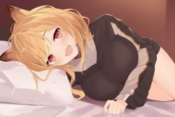 Rule 34 | 1girl, :d, animal ears, arknights, bed sheet, black shirt, blonde hair, breasts, ceobe (arknights), commentary, fangs, highres, long hair, looking at viewer, lying, medium breasts, mizu (lzzrwi603), on side, open mouth, pillow, red eyes, shirt, smile, solo