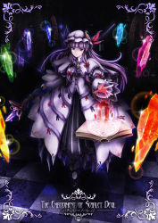 Rule 34 | 1girl, adapted costume, book, character name, checkered floor, copyright name, crescent, crystal, embodiment of scarlet devil, female focus, floor, hat, highres, long hair, magic circle, mary janes, outstretched arm, outstretched hand, patchouli knowledge, purple eyes, purple hair, shoes, skyspace, solo, staff, standing, touhou