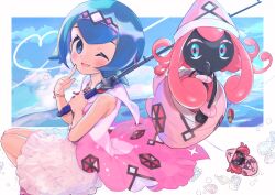 Rule 34 | 1girl, ;d, abe (kumayu), blue hair, blush, bracelet, bubble, cloud, commentary request, creatures (company), day, dress, fishing rod, game freak, gen 7 pokemon, hairband, hands up, heart, highres, holding, holding fishing rod, index finger raised, jewelry, lana (pokemon), lana (sygna suit) (pokemon), legendary pokemon, looking at viewer, nintendo, official alternate costume, one eye closed, open mouth, outdoors, pokemon, pokemon (creature), pokemon masters ex, short hair, sky, smile, tapu lele