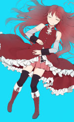 Rule 34 | 10s, 1girl, black thighhighs, blue background, boots, closed eyes, detached sleeves, dress, frilled dress, frills, hair down, hand on own stomach, hands on stomach, long hair, lying, mahou shoujo madoka magica, mahou shoujo madoka magica (anime), pleated skirt, red dress, red hair, sakura kyoko, simple background, skirt, sleeveless, solo, thighhighs, tsuduya (knt31)