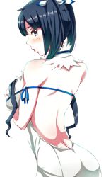 Rule 34 | 10s, 1girl, absurdres, ass, backless outfit, between breasts, blue eyes, blue hair, breast hold, breasts, dress, dungeon ni deai wo motomeru no wa machigatteiru darou ka, female focus, from behind, hestia (danmachi), highres, large breasts, long hair, looking at viewer, looking back, matching hair/eyes, mr kuro otoko, open mouth, rei no himo, solo, strap between breasts, twintails, white dress