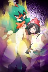 Rule 34 | 1girl, absurdres, beanie, black hair, blue eyes, bracelet, claw pose, commentary request, creatures (company), decidueye, eyelashes, floral print, game freak, gen 7 pokemon, glowing, green shorts, hands up, hat, highres, jewelry, kiichi0 0, nintendo, open mouth, pokemon, pokemon (creature), pokemon sm, red headwear, selene (pokemon), shirt, short shorts, short sleeves, shorts, t-shirt, tied shirt, tongue, z-ring