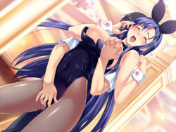Rule 34 | 10s, 1girl, animal ears, bare shoulders, blue hair, blush, grabbing another&#039;s breast, breasts, clothes pull, closed eyes, fake animal ears, fingering, fishnet pantyhose, fishnets, game cg, grabbing, koutaro, large breasts, long hair, nail polish, nipples, pantyhose, playboy bunny, pussy juice, rabbit ears, reach-around, saotome nagi, shirt pull, solo focus, standing, tropical kiss, very long hair, wet, wet clothes, wet pantyhose, wrist cuffs