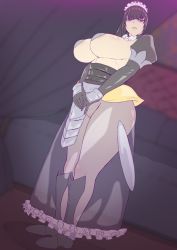 Rule 34 | 1girl, arm guards, armor, bad id, bad twitter id, black hair, blunt bangs, breasts, closed mouth, commentary request, curvy, dress, from below, from side, gloves, huge breasts, kandata nijou, long hair, looking at viewer, looking down, maid, maid headdress, narberal gamma, overlord (maruyama), pantyhose, pasties, ponytail, purple eyes, see-through, sideboob, solo, standing, thick thighs, thighs, underboob