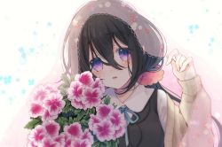Rule 34 | 1girl, black hair, black vest, blue ribbon, blush, bouquet, cardigan, clenched hand, collared shirt, commentary, flower, hair between eyes, hair ornament, hair scrunchie, hand up, long hair, long sleeves, looking at viewer, mole, mole under eye, neck ribbon, nekotemari, original, parted lips, pink flower, pink scrunchie, purple eyes, ribbon, scrunchie, shirt, solo, symbol-only commentary, upper body, veil, vest, white shirt, yellow cardigan