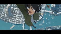 Rule 34 | 1girl, anime coloring, black hair, boat, bridge, cityscape, falling, from above, highres, kusakabe, kusakabe (kusakabeworks), letterboxed, open mouth, original, perspective, river, solo