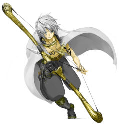 Rule 34 | blue eyes, bow, bow (weapon), cape, grey hair, running, solo, suparu, suparu (br3), weapon
