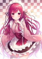 Rule 34 | 1girl, ahoge, amane kurumi, apron, black skirt, blush, checkered background, closed mouth, commentary request, floral background, frilled apron, frilled skirt, frilled sleeves, frills, hair ornament, hairclip, japanese clothes, kimono, long hair, long sleeves, looking at viewer, maid, maid headdress, original, pink kimono, red eyes, red hair, skirt, sleeves past wrists, solo, thighhighs, very long hair, wa maid, white apron, white background, white thighhighs, wide sleeves, x hair ornament