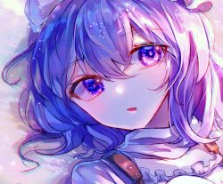 Rule 34 | 1girl, :o, blue eyes, blue hair, curly hair, frills, hair between eyes, hat, itsumizu, letty whiterock, looking at viewer, mob cap, portrait, solo, touhou