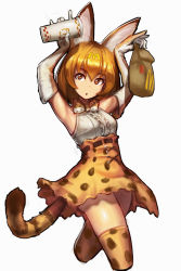 Rule 34 | 10s, 1girl, :o, animal ears, bow, bowtie, brown eyes, brown hair, commentary request, cropped legs, elbow gloves, food, gloves, highres, holding, holding food, jungon kim, kemono friends, looking to the side, mcdonald&#039;s, parody, serval (kemono friends), shirt, short hair, simple background, skirt, sleeveless, sleeveless shirt, solo, tail, thighhighs, white background