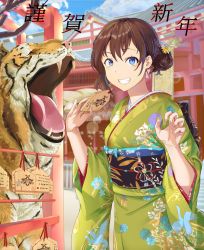 Rule 34 | 1girl, animal, blue eyes, blue flower, branch, brown hair, building, chinese zodiac, claw pose, commentary request, day, ema, floral print, flower, green kimono, grin, hair between eyes, hair bun, hair flower, hair ornament, highres, holding, japanese clothes, kimono, long sleeves, mosta (lo1777789), obi, original, outdoors, petals, print kimono, sash, single hair bun, smile, solo, tiger, translated, white flower, wide sleeves, year of the tiger, yellow flower