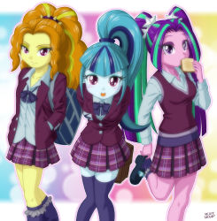 Rule 34 | 3girls, adagio dazzle, aqua hair, aria blaze, bag, blonde hair, blue hair, blue skin, bow, bowtie, bread slice, colored skin, eating, food, jacket, kneehighs, leaning forward, multicolored hair, multiple girls, my little pony, my little pony: equestria girls, my little pony: friendship is magic, open clothes, open jacket, personification, pink eyes, pink skin, ponytail, purple hair, red eyes, school bag, school uniform, skirt, socks, sonata dusk, thighhighs, toast, twintails, two-tone hair, uotapo, vest, yellow skin