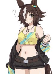 Rule 34 | 1girl, ?, animal ears, bare shoulders, belt, black jacket, black shorts, breasts, brown belt, brown eyes, brown hair, clenched hand, closed mouth, cowboy shot, ear ornament, hair over one eye, hide oo, highres, horse ears, horse girl, horse tail, jacket, jacket partially removed, long hair, looking at viewer, medium breasts, midriff, multicolored hair, navel, shorts, solo, stopwatch, stopwatch around neck, streaked hair, tail, tank top, umamusume, vodka (umamusume), watch, white hair, yellow tank top