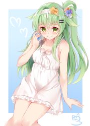 Rule 34 | 1girl, blush, borrowed character, can, closed mouth, dress, fang, fang out, flower, green eyes, green hair, hair between eyes, hair flaps, hair flower, hair ornament, hairband, hairclip, heart, highres, holding, holding can, knees together feet apart, long hair, looking at viewer, nahaki, one side up, original, signature, sitting, smile, solo, sundress, white dress