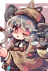 Rule 34 | 1girl, ;o, animal ears, bright pupils, brown capelet, brown hat, capelet, collared shirt, commentary request, detective, grey hair, hat, highres, holding, holding magnifying glass, long sleeves, magnifying glass, mame komari, medium hair, mouse (animal), mouse ears, mouse girl, nazrin, one-hour drawing challenge, one eye closed, open mouth, red eyes, shirt, solo, touhou, white pupils, white shirt