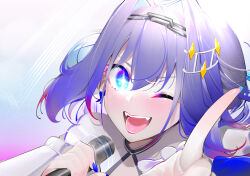 Rule 34 | 1girl, ;d, blue bow, blue eyes, blue hair, blush, bow, chain, chain headband, cleavage cutout, clothing cutout, earrings, fangs, frills, hair between eyes, hair intakes, hair ornament, highres, hololive, hololive english, hololive idol uniform (bright), idol, idol clothes, index finger raised, jewelry, lipstick, long sleeves, looking at viewer, makeup, meoniac, multicolored hair, one eye closed, open mouth, oshi no ko, ouro kronii, portrait, red lips, shirt, short hair, smile, solo, star-shaped pupils, star (symbol), symbol-shaped pupils, teeth, tongue, virtual youtuber