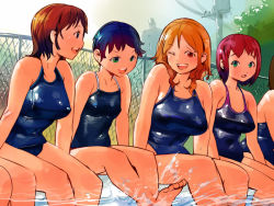 Rule 34 | 4girls, 6+girls, :d, ;d, barefoot, black hair, blue hair, blue one-piece swimsuit, breasts, brown eyes, brown hair, caustics, chain-link fence, covered erect nipples, day, fence, green eyes, happy, igarashi mangou, large breasts, long hair, multiple girls, one-piece swimsuit, one eye closed, open mouth, original, outdoors, plump, pool, poolside, power lines, red hair, school swimsuit, short hair, sideways mouth, sitting, small breasts, smile, soaking feet, spandex, splashing, swimsuit, water, wink