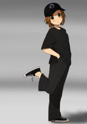 Rule 34 | 1girl, absurdres, bask, black footwear, black headwear, black pants, black shirt, brown eyes, brown hair, closed mouth, commentary request, from side, full body, grey background, hands in pockets, highres, k-on!, kicchi (tmgk), light blush, light smile, looking at viewer, pants, shirt, shoes, short hair, short sleeves, solo, standing, standing on one leg, tainaka ritsu, the who