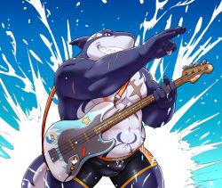 Rule 34 | 1boy, abs, bara, bass guitar, belly, black male swimwear, bulge, cable, character request, cross scar, ei (marutendon), electric bass, facial scar, feet out of frame, fins, fish tail, furry, furry male, guitar, holding, holding instrument, holding plectrum, instrument, male focus, male swimwear, muscular, muscular male, navel, nipples, pectorals, plectrum, scar, scar on cheek, scar on face, shark boy, shark fin, shark tail, sharp teeth, solo, stomach, swim briefs, tail, teeth, thick thighs, thighs, tokyo houkago summoners, topless male, water