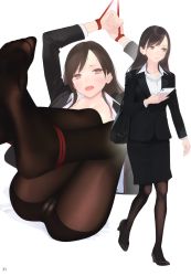 Rule 34 | 1girl, absurdres, ama mitsuki, bag, black footwear, black pantyhose, brown eyes, brown hair, collarbone, collared shirt, formal, full body, high heels, highres, holding, holding phone, looking at viewer, looking to the side, mole, mole under mouth, multiple views, non-web source, open clothes, open mouth, open shirt, original, page number, panties, panties under pantyhose, pantyhose, pencil skirt, phone, restrained, rope, scan, shirt, shoulder bag, skirt, skirt suit, suit, sweat, swept bangs, teeth, underwear, walking, white background, white shirt