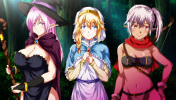 Rule 34 | 3girls, bare shoulders, black cape, blonde hair, blue eyes, blush, bow (weapon), braid, breasts, cape, cleavage, cloak, closed mouth, cowboy shot, dark-skinned female, dark elf, dark skin, dress, elena (isekai yaricir), elf, female focus, gloves, groin, habit, hand on own hip, hands together, happy, hat, holding, holding staff, isekai yaricir: omae no mono wa ore no mono, kirie (isekai yaricir), large breasts, long hair, long sleeves, looking at viewer, medium breasts, medium hair, multiple girls, navel, nun, open mouth, outdoors, pink hair, pointy ears, ponytail, purple eyes, red eyes, scarf, screencap, side ponytail, single braid, smile, sonya (isekai yaricir), staff, standing, stitched, strapless, third-party edit, tube top, upper body, weapon, white dress, white hair, witch, witch hat