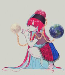 Rule 34 | 1girl, absurdly long hair, absurdres, barefoot, blunt bangs, breasts, chain, collar, colored inner hair, earth (ornament), eyes visible through hair, from side, gold chain, grey background, hands up, hecatia lapislazuli, highres, long hair, looking at viewer, medium breasts, moon (ornament), multicolored hair, nail polish, red hair, shirt, simple background, skirt, smile, solo, squatting, t0fusan, tiptoes, touhou, very long hair