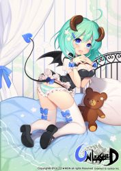 Rule 34 | 1girl, ass, bad id, bad pixiv id, bed, bedroom, black shirt, black wings, blue eyes, blue panties, blush, bow, breasts, butt crack, byulzzi, character request, cleavage, copyright name, demon girl, demon tail, embarrassed, frilled panties, frills, green hair, highres, horns, indoors, looking at viewer, medium breasts, no pants, open mouth, panties, pillow, puffy sleeves, shirt, shoes, short hair, short sleeves, solo, striped clothes, striped panties, stuffed animal, stuffed toy, tail, teddy bear, thighhighs, underwear, unleashed, white thighhighs, wings