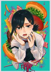 Rule 34 | 1girl, absurdres, amanekomoru, apron, aqua background, bacon, bad id, bad pixiv id, black apron, black eyes, black hair, border, bow, bowtie, burger, chainsaw man, chromatic aberration, commentary, cropped torso, crying, cup, disposable cup, dress shirt, drinking straw, drooling, food, french fries, hair between eyes, hair ornament, hairclip, hands on own face, higashiyama kobeni, highres, lettuce, long sleeves, looking at viewer, mole, mole under eye, mole under mouth, open mouth, parted bangs, pink border, raised eyebrows, red bow, red bowtie, shirt, short hair, short ponytail, snot, soda, solo, spill, spilling, splatter, strap slip, sweat, tears, tomato, uniform, waitress