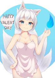 Rule 34 | 1girl, alternate costume, animal ears, apron, azur lane, bad id, bad pixiv id, bare arms, bare shoulders, blue eyes, blue fire, blunt bangs, blush, breasts, cleavage, closed mouth, contrapposto, cowboy shot, fire, fire, fox ears, fox tail, hand on own hip, happy valentine, heart, jewelry, kaga (azur lane), ketsujou nora, kitsune, legs apart, looking at viewer, medium breasts, multiple tails, naked apron, pink apron, ring, silver hair, smile, solo, standing, surprised, tail, two-tone background, wedding band