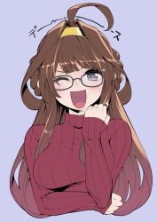 Rule 34 | 10s, 1girl, ;d, ahoge, alternate costume, bespectacled, black-framed eyewear, blush, breasts, brown hair, double bun, glasses, hairband, hanauna, kantai collection, kongou (kancolle), large breasts, long hair, long sleeves, looking at viewer, one eye closed, open mouth, purple eyes, ribbed sweater, simple background, smile, solo, sweater, upper body