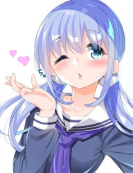 Rule 34 | 1girl, blowing kiss, blue eyes, blue hair, blue shirt, blush, cacao (chocolat), chestnut mouth, collarbone, hair between eyes, hair ornament, hair scrunchie, heart, long hair, long sleeves, looking at viewer, low twintails, nail polish, nijisanji, parted lips, purple nails, sailor collar, school uniform, scrunchie, serafuku, shirt, simple background, solo, twintails, upper body, virtual youtuber, white background, white sailor collar, white scrunchie, yuuki chihiro, yuuki chihiro (2nd costume)