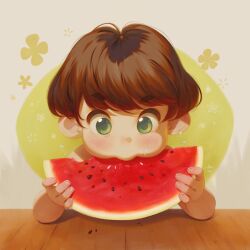 Rule 34 | 1girl, 2022, 20s, alkemanubis, blush, brown hair, eating, floral background, food, fruit, green background, green eyes, highres, holding, short hair, table, upper body, watermelon