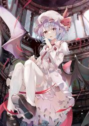 Rule 34 | 1girl, absurdres, bat wings, bloomers, dress, fangs, floating, from below, full body, hat, highres, indoors, iyo (ya na kanji), juliet sleeves, light blush, long sleeves, looking at viewer, mob cap, parted lips, pointy ears, puffy sleeves, purple hair, red eyes, remilia scarlet, shoes, short hair, solo, thighhighs, touhou, underwear, upskirt, white dress, white thighhighs, wings