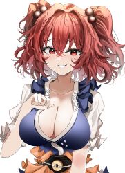 Rule 34 | 1girl, absurdres, breasts, cleavage, collarbone, highres, large breasts, looking at viewer, onozuka komachi, ougiikun, puffy short sleeves, puffy sleeves, red eyes, red hair, short sleeves, smile, solo, tagme, touhou, two side up, upper body, white background